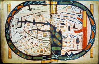 Mapa světa Saint Sever. Miniatura převzatá z komentáře "Apokalypsy podle svatého Jana", který v roce 775 napsal mnich Beatus z Liebany.