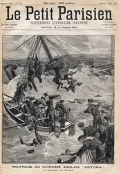 Vrak anglického obrněnce "Victoria"" po kolizi na pobřeží Sýrie a záchrana obětí. Jeden z novin "Le petit Parisien"" ze 7.9.1893 (rytina)