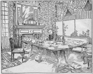 Spisovatelka Alexandra Dumas ml. (1824-1895) v jeho pracovním kabinetu. Rytina v „La gazette du dimanche““ z 12. prosince 1895.