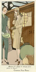 Žlutý vlněný cestovní kabát s leopardím lemem, z Art-Gout-Beaute, 20. léta 20. století (potisk pochoir)