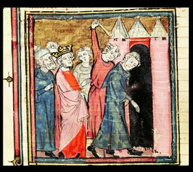 f.86v Charles Martel se stará o potrestání a vyhoštění dvou mužů, z Grandes Chroniques de France, 1375-79