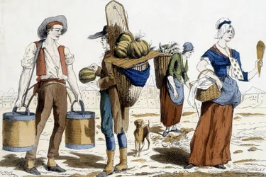 ilustrace pařížských kostýmů v 18. století: nosič vody, obchodník s melouny, šifonér, obchodník s rozkošemi.