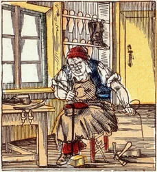profese: obuvník opravující podrážku, konec 19. století (rytina)