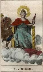 reprezentace božské Juno, královny bohů a nebes, je to sestra a manželka Jupitera (reprezentace Juno, královny bohů, manželka a sestra Jupitera). Z „Mytologie mládí“ od Pierra Blancharda 1803.