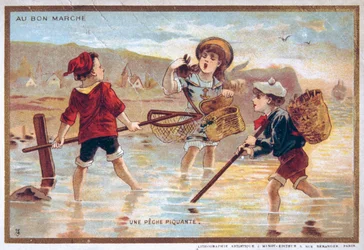 historická pohlednice s motivem dětí na pláži