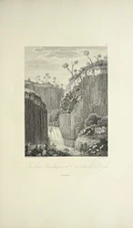 Čedičové skály a Cascade de Regla, kreslil Gmelin, ryl Bouquet, ilustrace z „Pohledy na Kordillery a pomníky domorodých národů Ameriky“ od Alexandra von Humboldta a Aime Bonpland