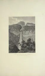 Vodopády Rio de Vinagre, poblíž sopky Purace, kreslil Koch, ryl Arnold, ilustrace z „Pohledy na Kordillery a památky domorodých národů Ameriky“ od Alexandra von Humboldta a Aime Bonpland