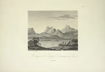Mountains of Columnar Porphyry, Jacal, kreslil Marchais, ryl Bouquet, ilustrace z „Pohledy na Kordillery a pomníky domorodých národů Ameriky“ od Alexandra von Humboldta a Aime Bonpland