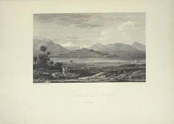 Pyramida Cholula, nakreslil Gmelin, ilustrace z „Pohledy na Kordillery a památky domorodých národů Ameriky“ od Alexandra von Humboldta a Aime Bonpland