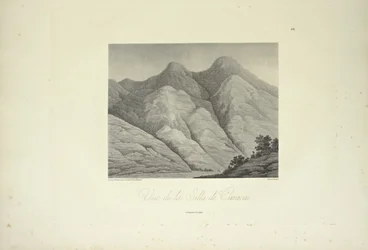 Pohled na Silla de Caracas, kreslil Marchais, ryl Bouquet, ilustrace z „Pohledy na Kordillery a památky domorodých národů Ameriky“ od Alexandra von Humboldta a Aime Bonpland