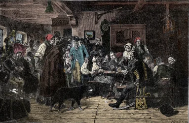 Silesian War: Recruiting for the Silesian Army - Silesia Wars (1740-1763): Recruiting the troops of Frederic II of Prussia, known as the Great (1712-1786) - 1882 - Woodcut by Hiddemann, Friedrich (1829-1892)   1404413   cs       czech Successfully Translat