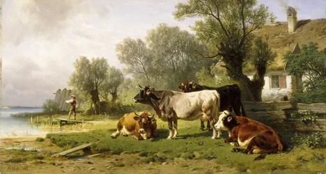 Dobytek na farmě podél řeky s rybářem za nimi, 1881