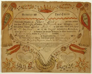 rodný a křestní list, c. 1790-1800 (oxgall inkoust, akvarel a rytina na položený papír)