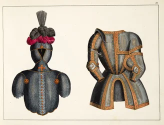 Zbroj, deska z knihy "A History of the Development and Customs of Chivalry", autor Dr. Franz Kottenkamp, vydáno Carlem Hoffmannem, 1842.
