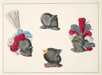 Přilby, deska z knihy "A History of the Development and Customs of Chivalry", autor Dr. Franz Kottenkamp, vydáno Carlem Hoffmannem, 1842.