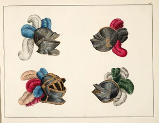 Helmy, deska z „Historie vývoje a zvyků rytířství“, od Dr. Franze Kottenkampa, vydal Carl Hoffmann, 1842