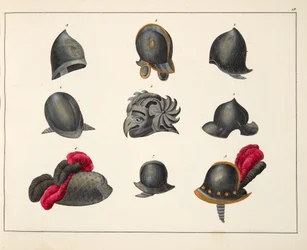 Helmy, deska z „Historie vývoje a zvyků rytířství“, od Dr. Franze Kottenkampa, vydal Carl Hoffmann, 1842