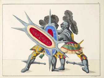Dva rytíři bojující, deska z „Historie vývoje a zvyků rytířství“, od Dr. Franze Kottenkampa, vydal Carl Hoffmann, 1842
