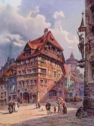 Dům Albrechta Durera v Norimberku v Německu, jak tomu bylo v 19. století, z „The Garden Arbor Family Journal“, vydaného v roce 1905