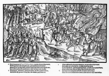 Ozbrojený oddíl kerneů s halapartnami a kopími vedený dudákem zaútočí na statek, vypálí ho a zažene koně a dobytek, deska 2 z knihy "Obraz Irska" od Johna Derrickeho.