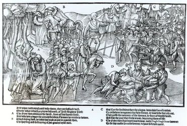 Irský náčelník obdrží kněžské požehnání před odjezdem do boje s Angličany, kteří jsou zobrazeni v plné zbroji, deska 4 z „The Image of Ireland“ od Johna Derricka, 1581