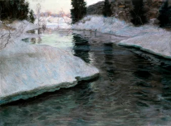 Tání ledu: řeka Lysaker. Obraz Fritze Thaulowa (1847-1906). Pastel na plátně. Soukromá sbírka.
