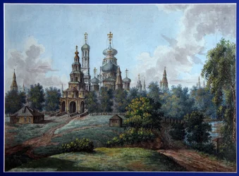 Nový Jeruzalémský klášter. Ruská ortodoxní architektura, na Istrii nedaleko Moskvy. Dílo Fjodora Jakovleviče Alexejeva (1753-1824), akvarel a tuš na papíře, kolem roku 1800. Ruské umění, počátek 19. století, klasicismus. Svatý