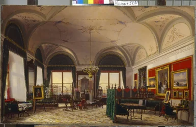 Kancelář velkovévodkyně Olgy Nikolaevny Ruska (1822-1895) v Zimním paláci v Petrohradě. (Studie velkovévodkyně Olgy Nikolajevny z Ruska v Zimním paláci). Obraz Fjodora Osipoviče Juškova (1819-1876), olej na plátně