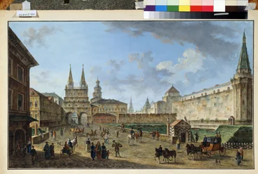 Moskva, pohled na bránu vzkříšení na Rudém náměstí. Obraz Fjodora Jakovleviče Alexejeva (1753-1824). Akvarel a kvaš na papíře, 58,2 x 91,2 cm, cca 1801. Ruské umění, klasicismus. Muzeum