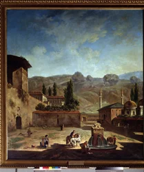 Vue de la ville de Bakhchisaray (Ukrajina) (Pohled na město Bakhchisaray). Peinture de Fjodor Jakovlevič Alexejev (1753-1824). Huile sur Toile
