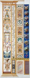 Panel z Raphael Loggia ve Vatikánu, z „Delle Loggie di Rafaele nel Vaticano“, vyrytý Giovanni Ottaviani (asi 1735-1808), publikováno kolem roku 1772-77 (ručně kolorovaná rytina)