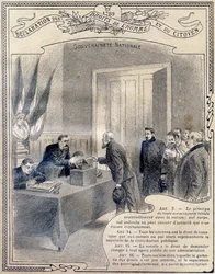 1789: Deklarace práv člověka a občana: národní svrchovanost. Rytina v „Jednotné knize morálky a občanské nauky, určené žákům tří stupňů základní školy a žákům základních tříd lyceí a kolejí“