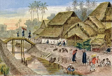 Annamese vesnice, Francouzská Indočína, cca 1900 (ilustrace)