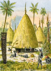 Vesnice Canaque v Nové Kaledonii, cca 1900-1910 (ilustrace)
