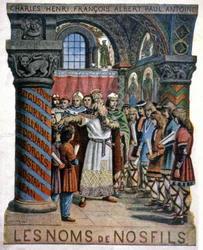 Karel Veliký a škola, kolem roku 1900 (ilustrace)