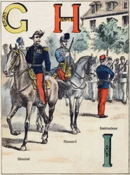 Písmena G H I: Generál, Hussard a Instruktor. Gravírování v "Alphabet militaire", série Grand-Bebe. Rytina. Pont-a-Mousson zobrazování. Louis Vagne, Printer-Publisher, circa 1900. Ilustrace G. Dascher. 20 stran. Rozměr: 31,5 x 24,5 cm