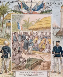 Průzkum pana de Brazza (1875-79) Jeho smlouva s Makoko, ilustrace z „Les Colonies Francaises“