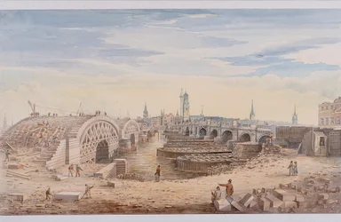 London Bridge starý a nový, Londýn, 1828