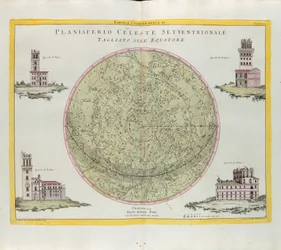 Kosmografická tabulka severní nebeské planisféry řez na rovníku, rytina G. Zuliani převzatá z Toma I. z Nejnovějšího atlasu vydaného v Benátkách v roce 1777 Antoniem Zattou