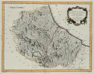 Farther and Hither Abruzzo, rytina G. Zuliani převzatá z Toma II z „Nejnovějšího atlasu“ vydaného v Benátkách v roce 1783 Antoniem Zattou, Soukromá sbírka