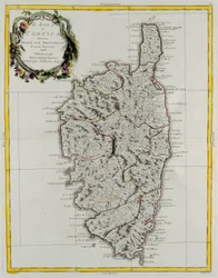 Ostrov Korsika rozdělený na své provincie, rytina G. Zuliani převzatá z Toma II z „Nejnovějšího atlasu“ vydaného v Benátkách v roce 1782 Antoniem Zattou, Soukromá sbírka