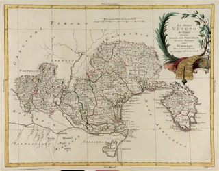 Oblast státu Veneto, rozdělená na jeho provincie, rytina G. Zuliani převzatá z Toma II z „Nejnovějšího atlasu“ vydaného v Benátkách v roce 1782 Antoniem Zattou, Soukromá sbírka