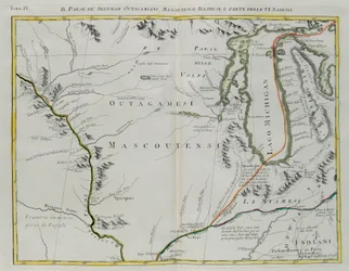 Země indiánů Outagamie, Mascoutin a Illinois a části Šesti národů, rytina G. Zulianiho převzatá z I. svazku „Nejnovějšího atlasu“, vydaného v Benátkách roku 1778 Antoniem Zattou, soukromá sbírka