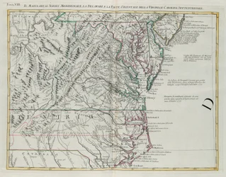 Maryland, jižní New Jersey, Delaware a východní část Virginie a Severní Karolíny, rytina G. Zuliani převzatá z Tome I z „Nejnovějšího atlasu“ vydaného v Benátkách v roce 1778 Antoniem Zattou, Soukromá sbírka