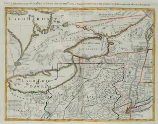 Pennsylvania, New York, jižní New Jersey, se západní částí Connecticutu, Massachusetts Bay a Land of the Iroquois, rytina G. Zuliani převzatá z Tome I z „Nejnovějšího atlasu“ vydaného v Benátkách v roce 1778 Antoniem Zattou, Private Collection