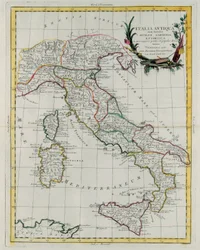Politická mapa Itálie, rytina G. Zuliani převzatá ze IV. dílu „Novissimo Atlas“ vydaného v Benátkách v roce 1785 Antoniem Zattou, soukromá sbírka