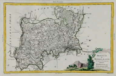 Provincie Middlesex, rytina G. Zuliani převzatá z Toma I. z „Nejnovějšího atlasu“ vydaného v Benátkách v roce 1779 Antoniem Zattou, Soukromá sbírka