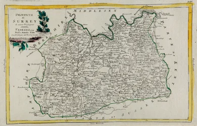 Provincie Surrey, rytina G. Zuliani převzatá z Toma I. z „Nejnovějšího atlasu“ vydaného v Benátkách v roce 1779 Antoniem Zattou, Soukromá sbírka