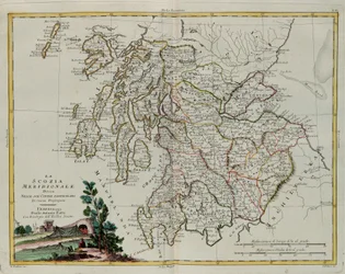 Jižní Skotsko rozdělené na své hrabství, rytina G. Zuliani převzatá z Toma I. z „Nejnovějšího atlasu“ vydaného v Benátkách v roce 1779 Antoniem Zattou, Soukromá sbírka