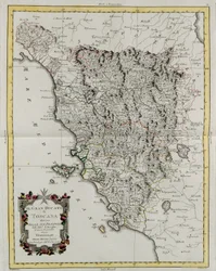 Toskánské velkovévodství rozdělené na své provincie, rytina G. Zuliani převzatá z Toma II z „Nejnovějšího atlasu“ vydaného v Benátkách v roce 1783 Antoniem Zattou, Soukromá sbírka